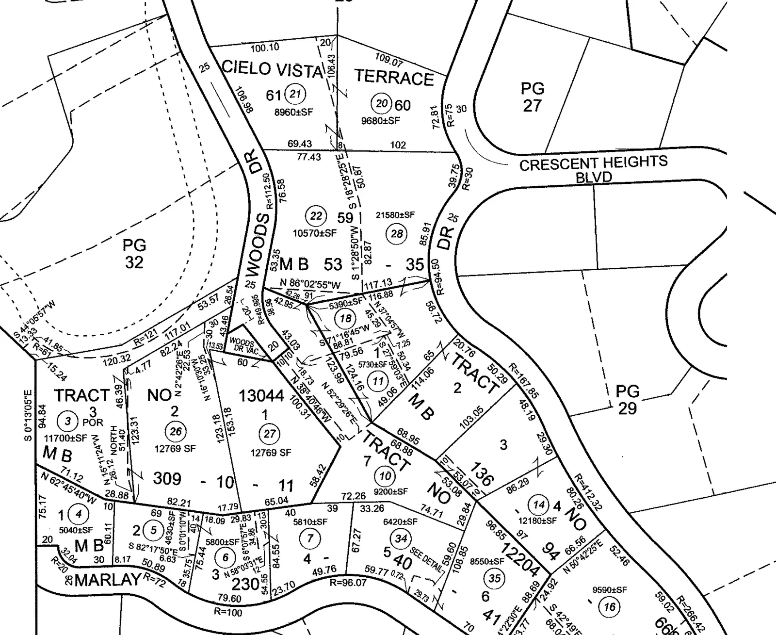 An assessor’s map page: a block of lots with lot numbers, dimensions and references to the recorded tracts