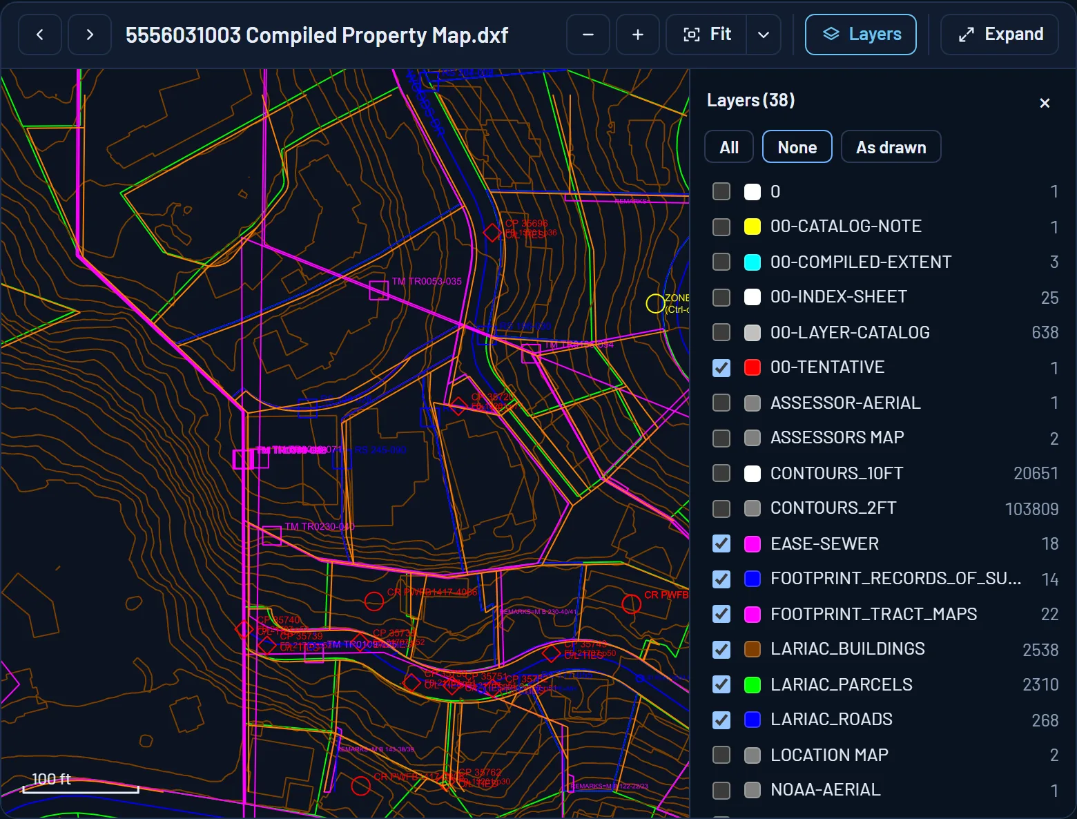 The compiled drawing of 1635 Woods Dr with its image underlays switched off: lot lines in green, building footprints in brown, tract map outlines in magenta, record nodes in red and blue, contours, and the list of layers