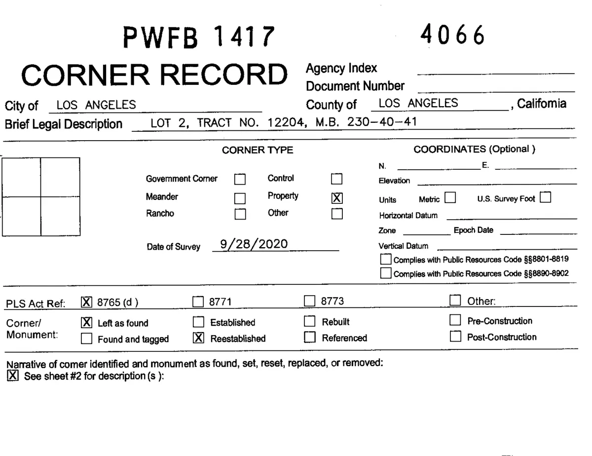 The top of a corner record form: city and county, a brief legal description, the corner type and the date of survey