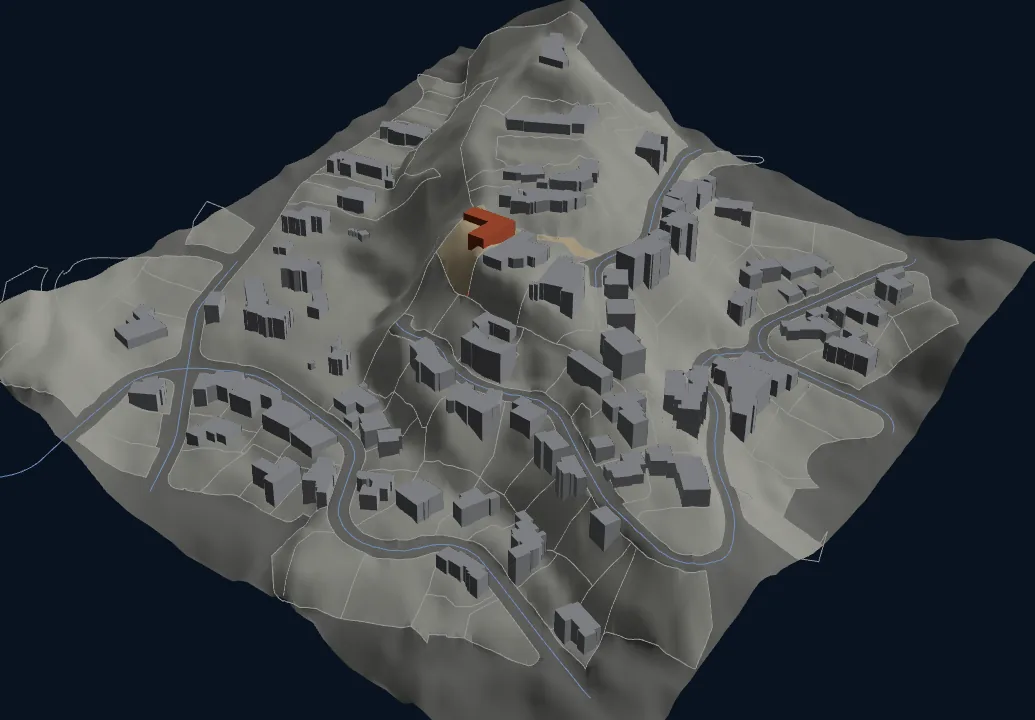 The 3D massing model: terrain with the surrounding buildings as blocks and the subject building in red