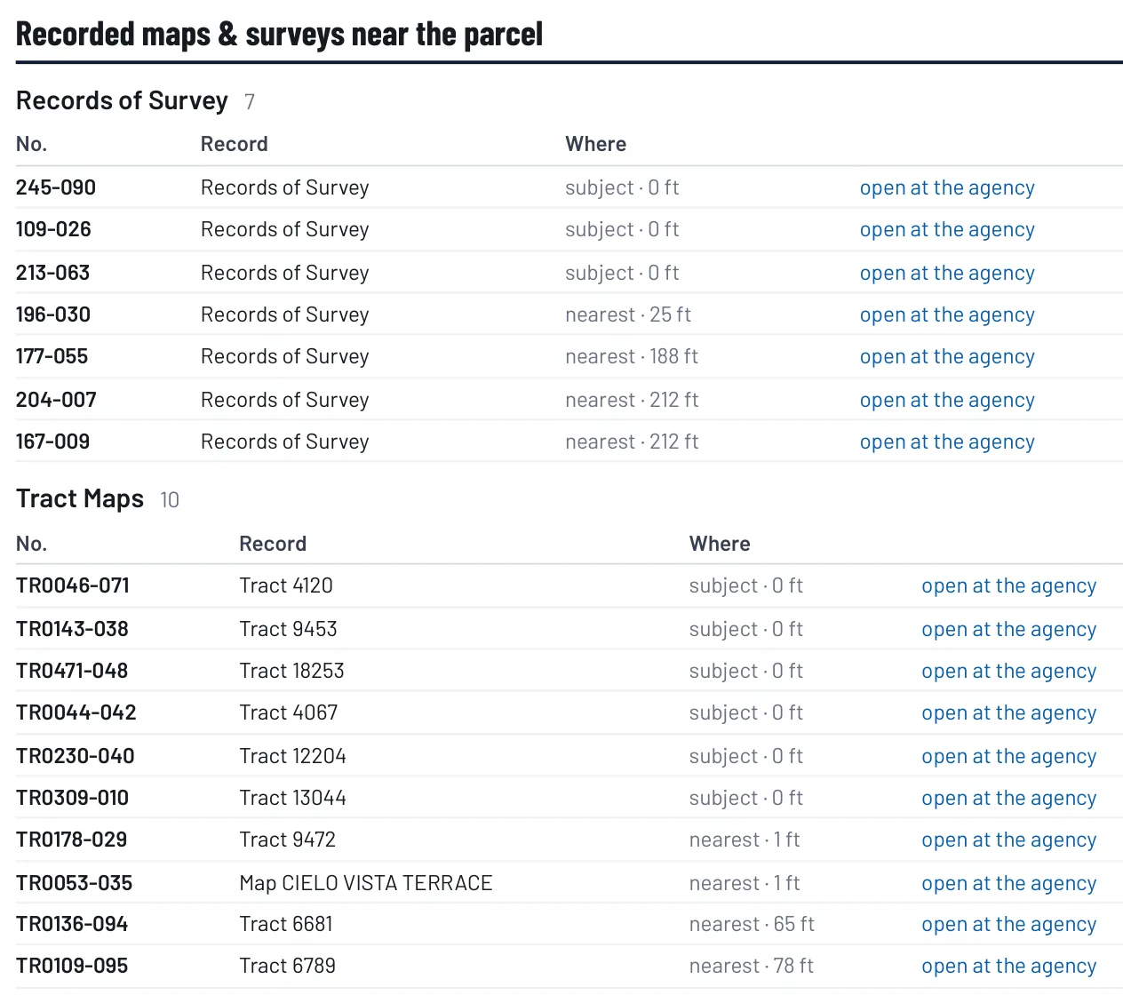 A Property Report page: records of survey and tract maps near the parcel, each with its number, its distance from the lot and a link that opens it at the agency