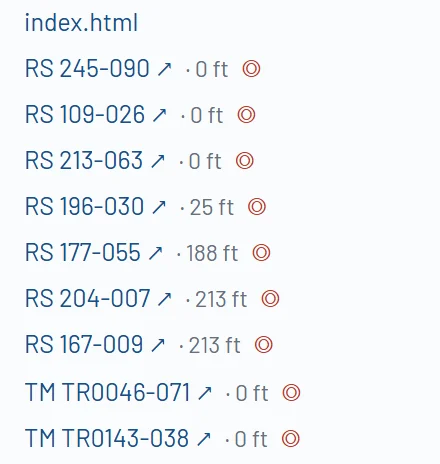 The unlocked screen’s list: each record with a link to the agency’s copy and its distance from the lot
