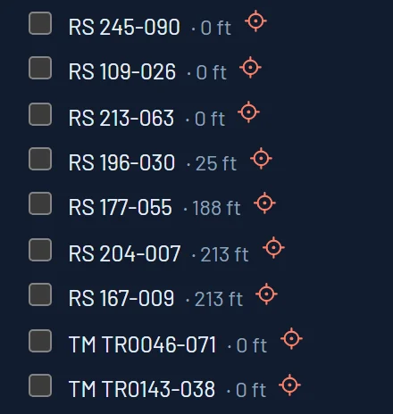 The locked screen’s list: each record with its distance from the lot and a checkbox, with no links, no files and no agency names