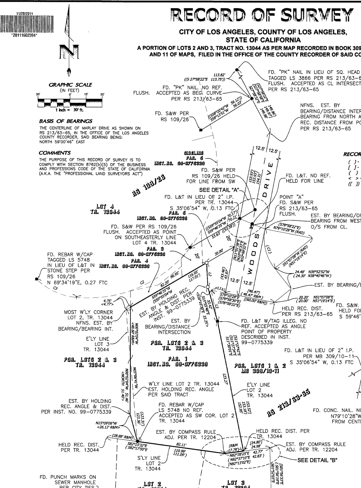 Part of the record of survey in Book 245, Page 90, Los Angeles County: a drawing of lots along Woods Drive with found monuments, bearings and distances