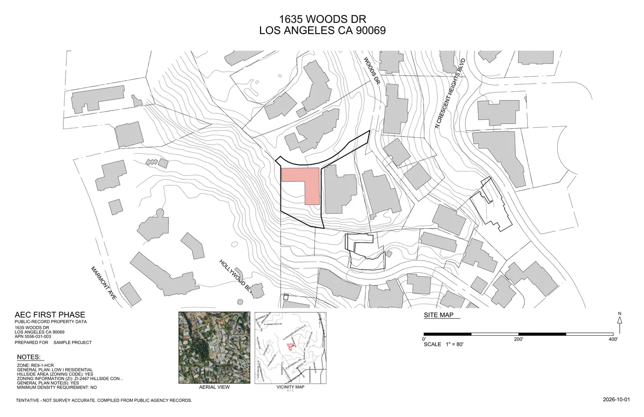 The site plan base sheet printed from the drawing: the lot and its neighbors, an aerial view, a vicinity map and the notes