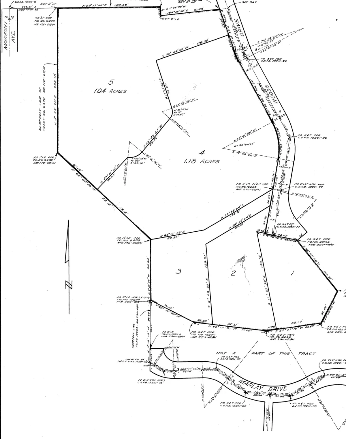 Part of sheet 2 of Tract No. 13044: lots with their bearings, distances and acreage, between Woods Drive and Marlay Drive